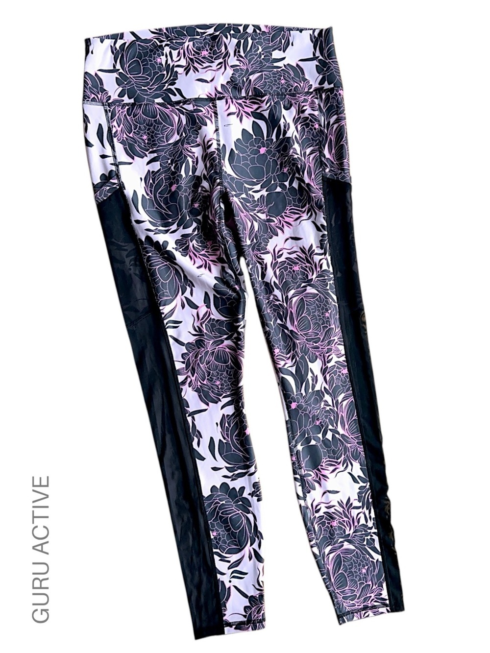 GURU ACTIVE NWOT FLORAL LEGGING PINK & BLACK SIDE & INTERIOR POCKETS | LARGE